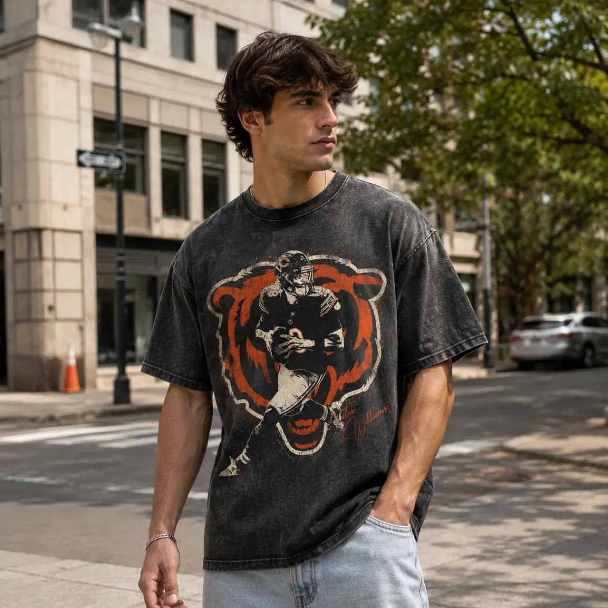 Caleb Williams Vintage Graphic Washed Shirt, Chicago Football Tee, Retro Game Day Streetwear T-Shirt, Bears Fan Graphic Shirt, Gift for Football Fans, Classic Fashion, Fits Every Occasion, Ready to Go, No Effort Needed