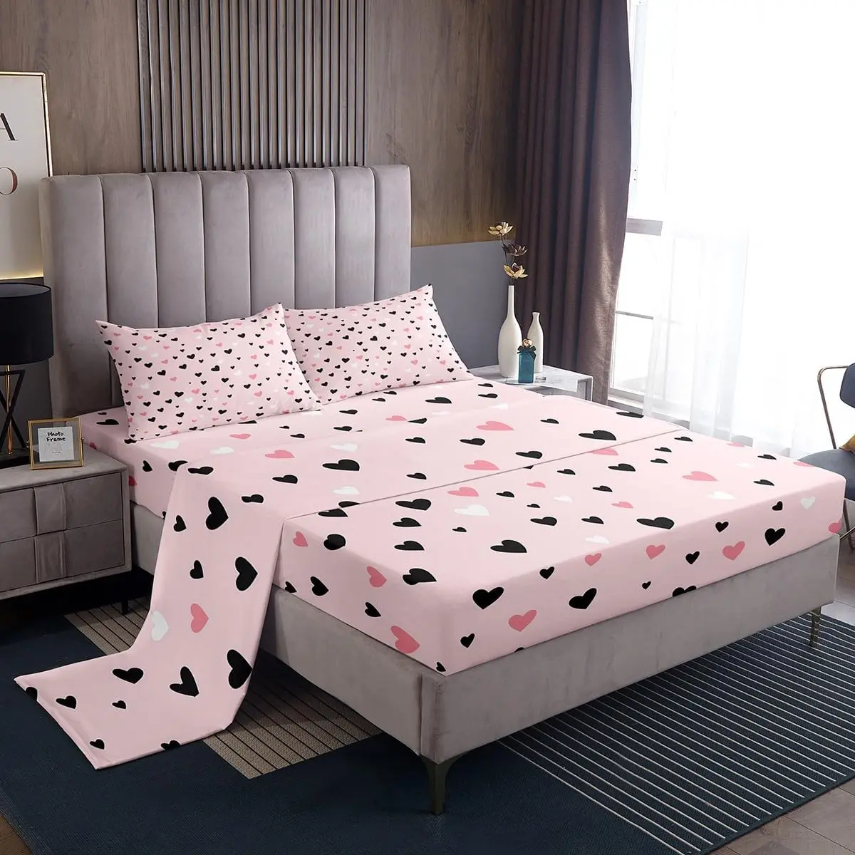 Feelyou Heart Microfiber Bed Sets, Soft Breathable Kawaii Decor Sheet Set with Deep-Pocket Fitted Sheet, Pink (for Kids), Microfiber Bed Sheets
