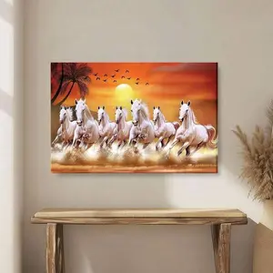 1pc Framed Canvas Wall Art Prints Poster, Seven Lucky Running Wild Horses Wall Art Animal Posters 7 Horses Running Art Posters Canvas Print For Living Room Bedroom Office Bathroom Dorm Home Decor, Ready To Hang