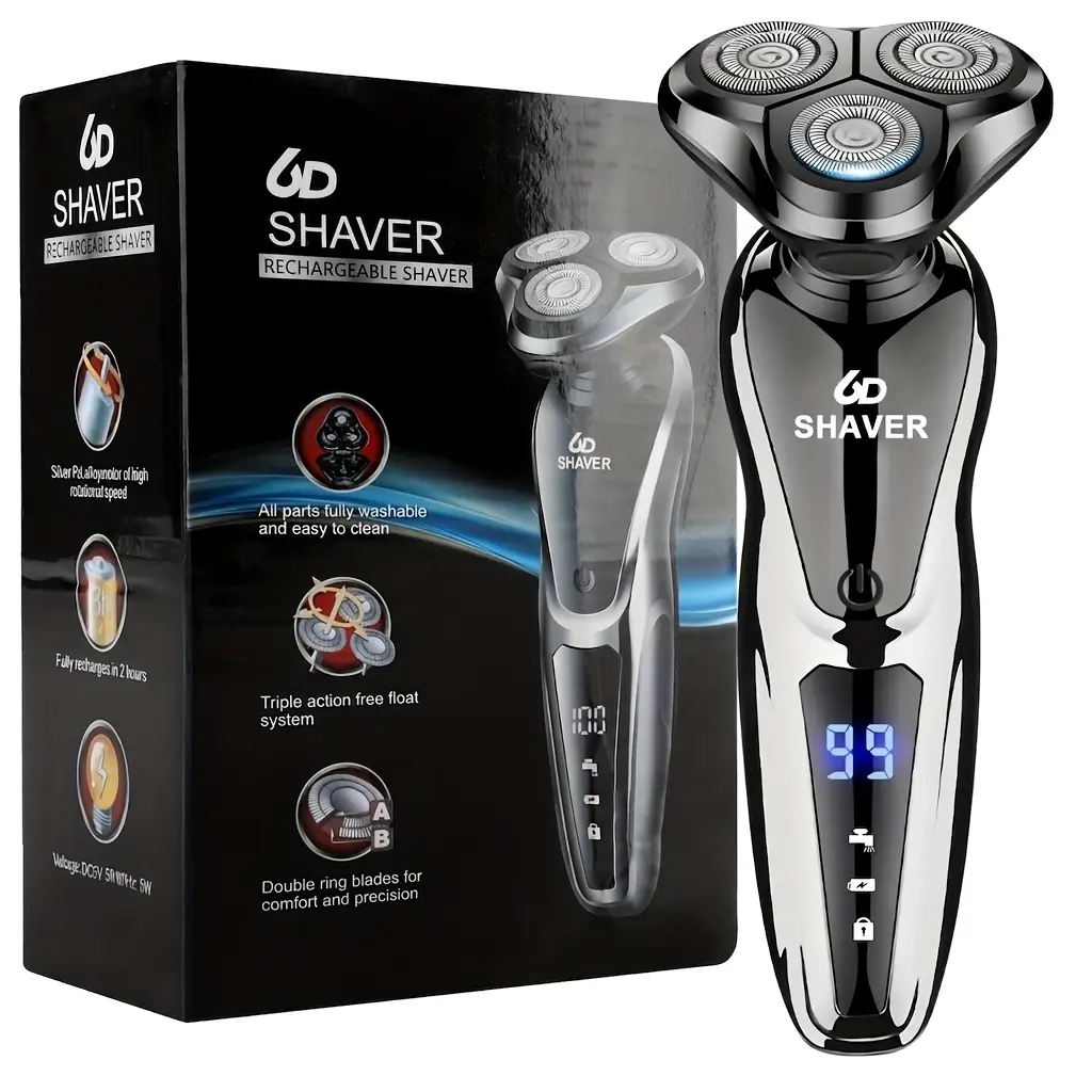 DEBARK Men's Electric Razor with Brush Cleaner - 6D Floating Smooth Close Face Shave, 6+ Hours Cordless Runtime, Stainless Steel Self-Sharpening Blades, USB Fast Charging, 6600RPM Motor, Washable Design, LED Display