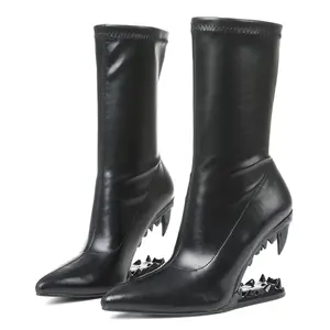 CELNEPHO Womens Morso Mid Calf Boots Pointed Toe Tiger Teeth Shaped Heel Comfy Easy Pull on Costume Party Gift Casual Wear Dress Shoes