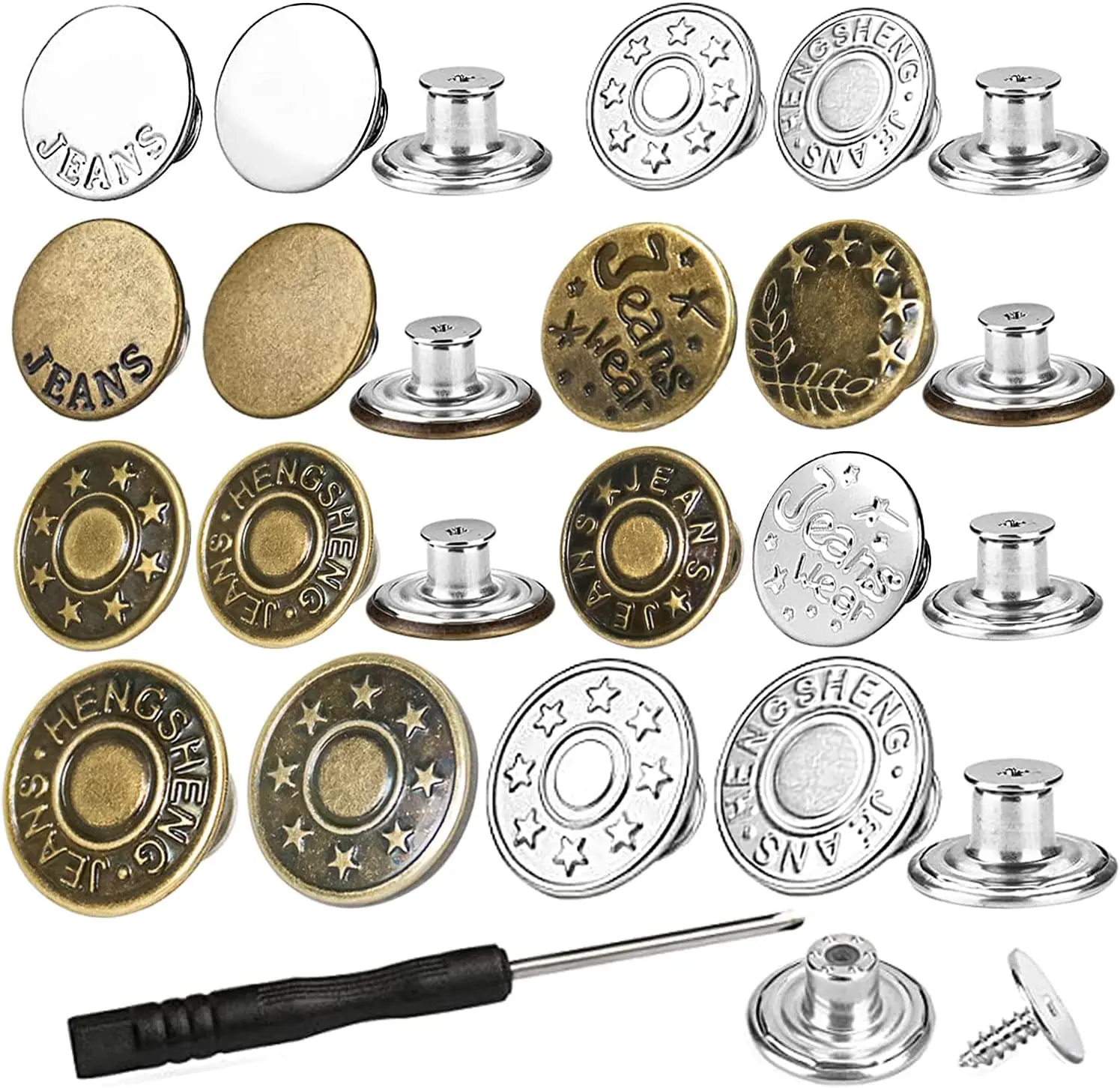 No-Sew Removable Heavy-Duty Copper Jeans Size Adjustment Buttons Replacement Kit - 32 Pieces Flat Backs Threaded Nail Set (17mm,20mm) with Rivets, Screwdrivers, Storage Box, Unisex Adults Sewing Repair Supplies, Easy Install for DIY, Save Money