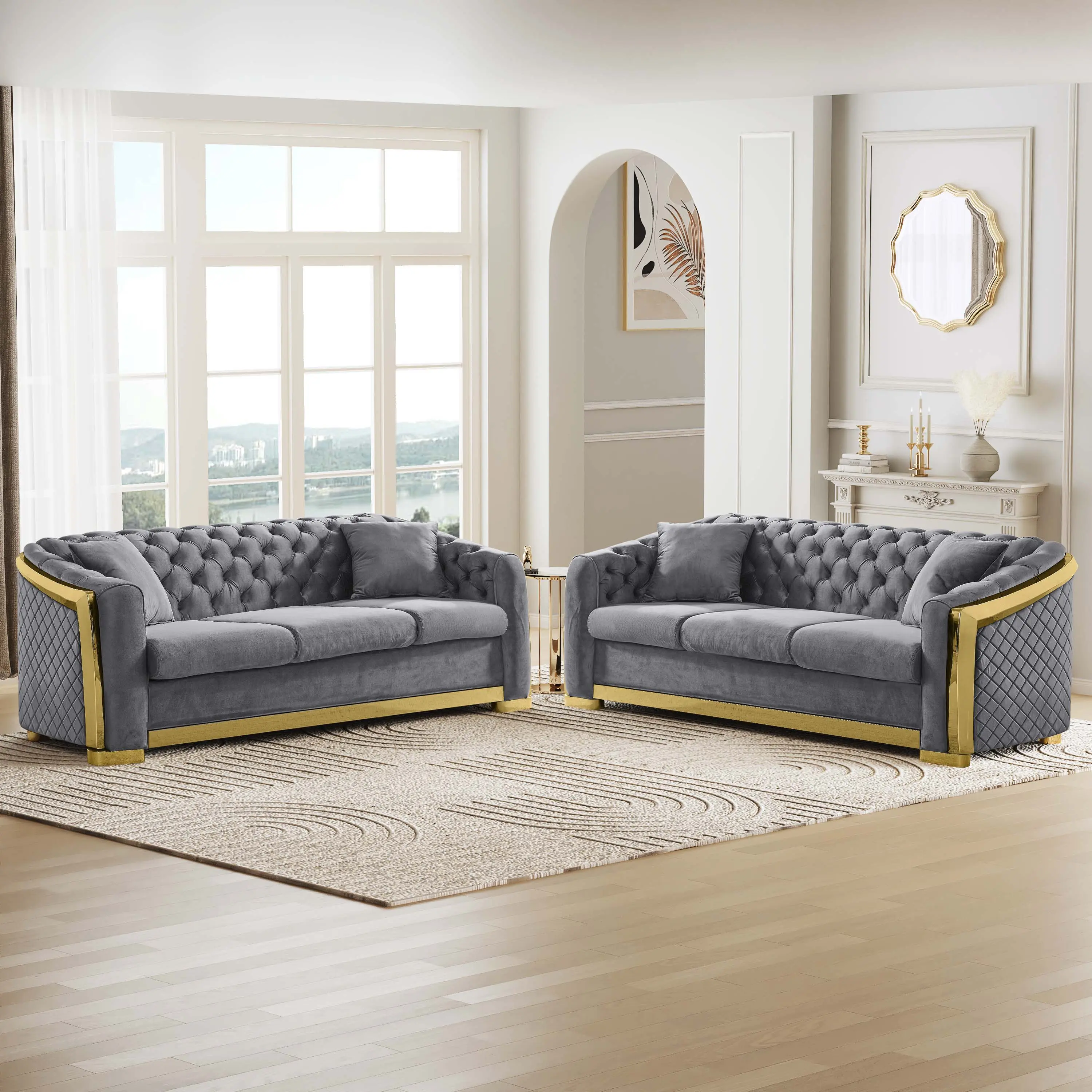 Luxury 2-Piece Velvet Chesterfield Sofa Set | 81 Inch Tufted 3-Seat Couch in Grey Fabric with Gold Stainless for Living Room