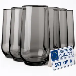 Set of 6 16oz Smoked Grey Highball Drinking Glasses Translucent Charcoal Glass Cups for Cocktails Long Drinks Mojito Juice Soda Modern Drinkware