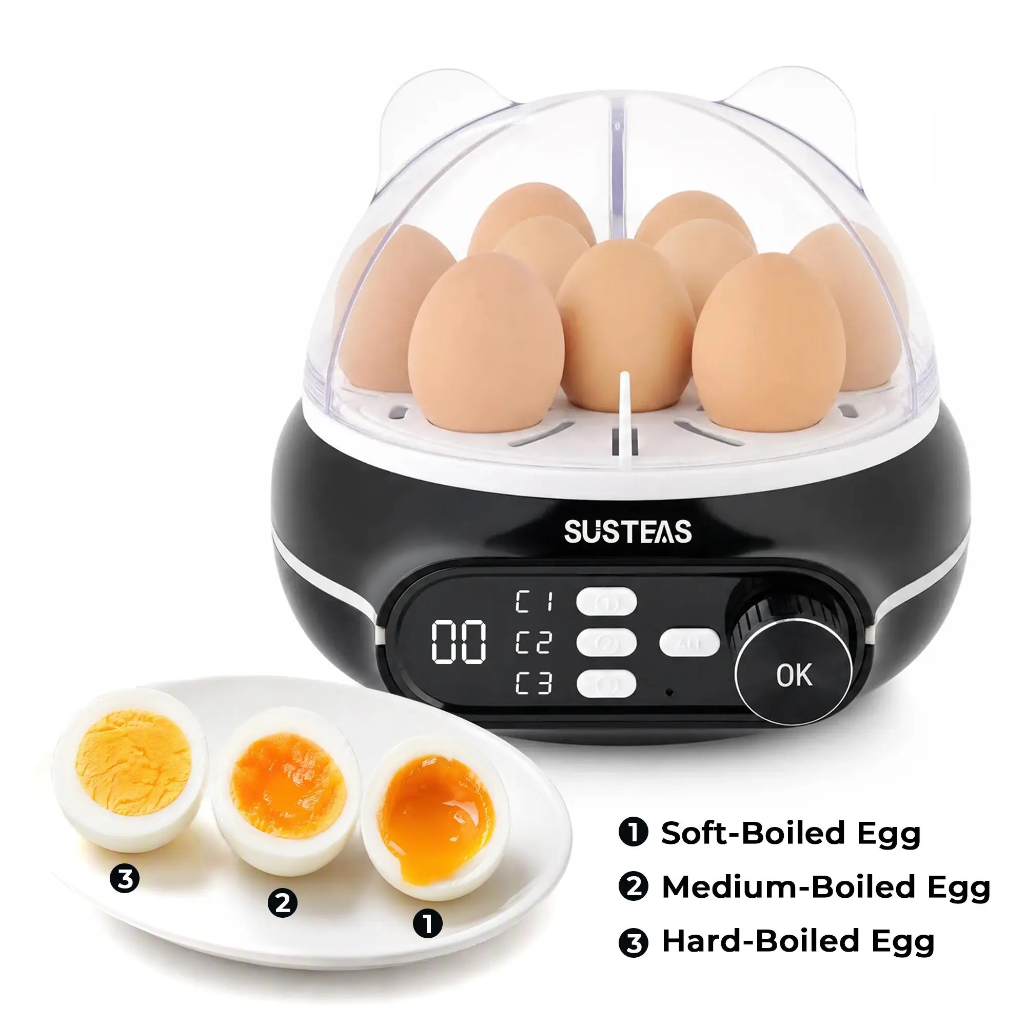 SUSTEAS Rapid Egg Cooker, 9 Eggs Capacity, 3 Independent Heating Zones, Soft/Medium/Hard Boiled Simultaneously, 24H Preset Timer, Smart Voice Broadcast, Electric Egg Poacher, Kitchen Egg Steamer Smart breakfast helper with voice alert