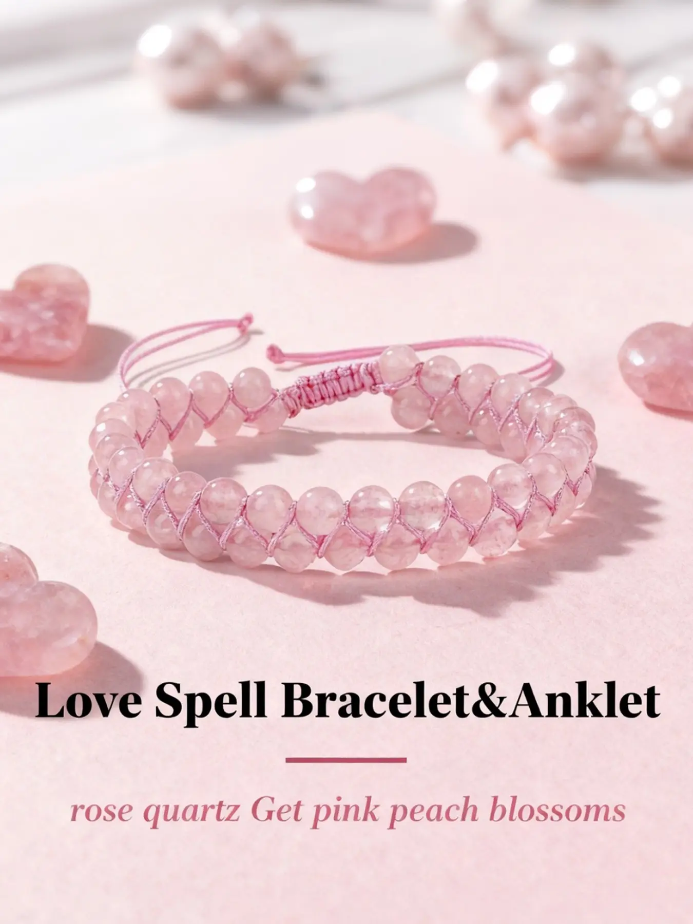 Handmade Double Layer Braided Rose Quartz Bracelet & Anklet, Love Spell Beaded Jewelry, Attract Love, Peach Blossoms Luck, Heart Chakra Gift, Beautiful Bracelets, Crystal Bracelets, Romantic Bracelet
