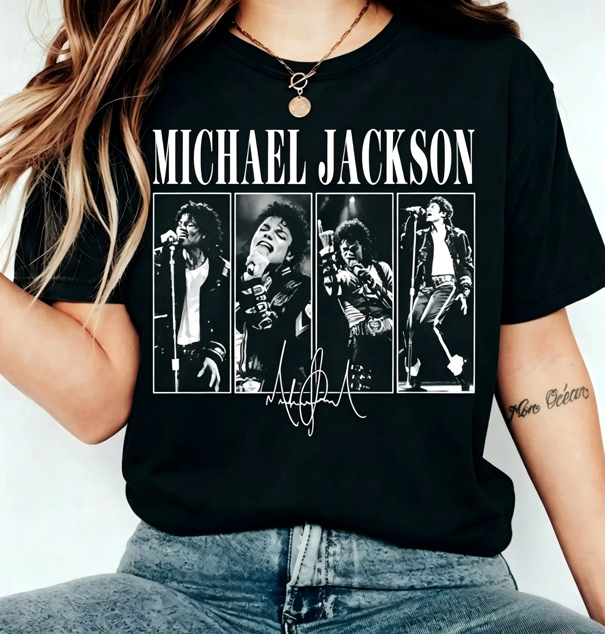 Women's Cotton Short-Sleeve Casual Comfortable Top, Michael Jackson 1987 Bad World Tour 4-Panel Vintage Graphic Signature Concert Tee, Shortsleeve, Tops, Day, Everyday, Fabric, Outfits