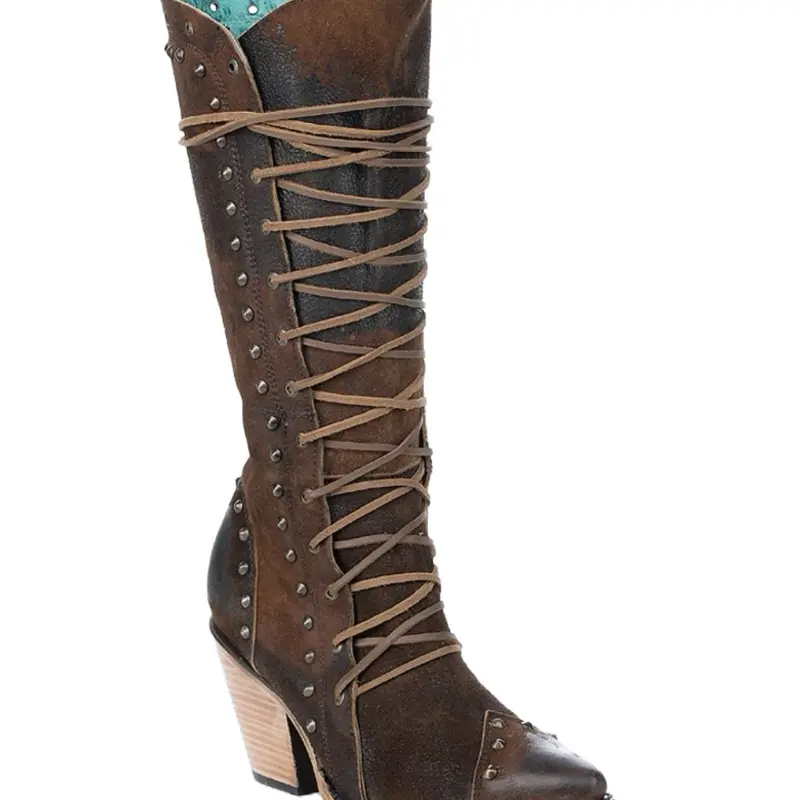 Ladies Studs & Zipper Lace Up Brown Leather Boots with Studded Detail and Chunky Heel