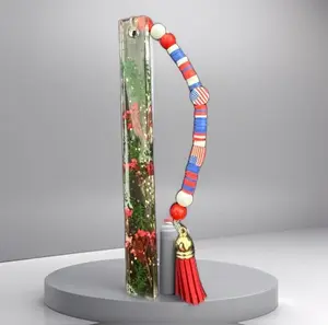 Handmade USA Themed Resin Bookmark with Beaded Tassel Embedded Real Flowers Patriotic Red White Blue Beads Gift for Book Lovers