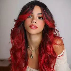 SMILCO/22Inch Ombre Black ash Red Medium Curly with Bangs Synthetic Wig/SM415-2