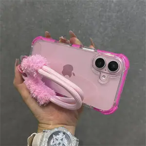 Hybrid Bumper Armor Transparent With Wrist Strap Case For iPhone 15 17 13 14 16 Pro Max Plus Shockproof Air Bag Cover