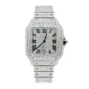 Fully Iced Out Moissanite Watch with Roman Numerals and Sparkling Design