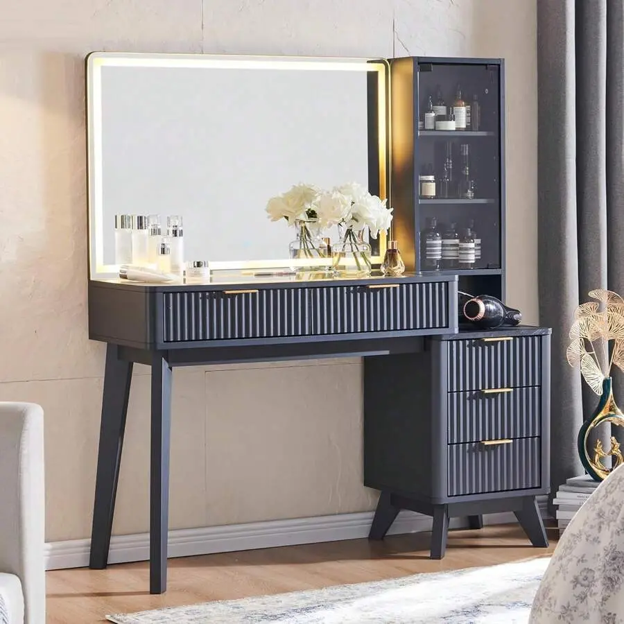1pc Modern Sturdy Bathroom Makeup Vanity Desk - 48" Fluted White Tall Tempered Glass Door Unit, 36" HD RGB-Lit Mirror, 2 USB Ports, 2 Outlets Charging Station, Storage, Dark Grey Stand-Alone Vanity (15.6"d x 48"w x 53.6"h)