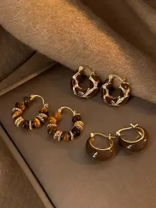 Three-piece Tiger's Eye Earrings, Dangle Earrings Set, High Quality Earrings, Retro Light Luxury Style, Natural Tiger's Eye with Gold-brown Luster/Hypoallergenic Metal Hooks, Elegant for Daily Commute/Gala, Suitable for Mature Women Loving Retro Jewelry