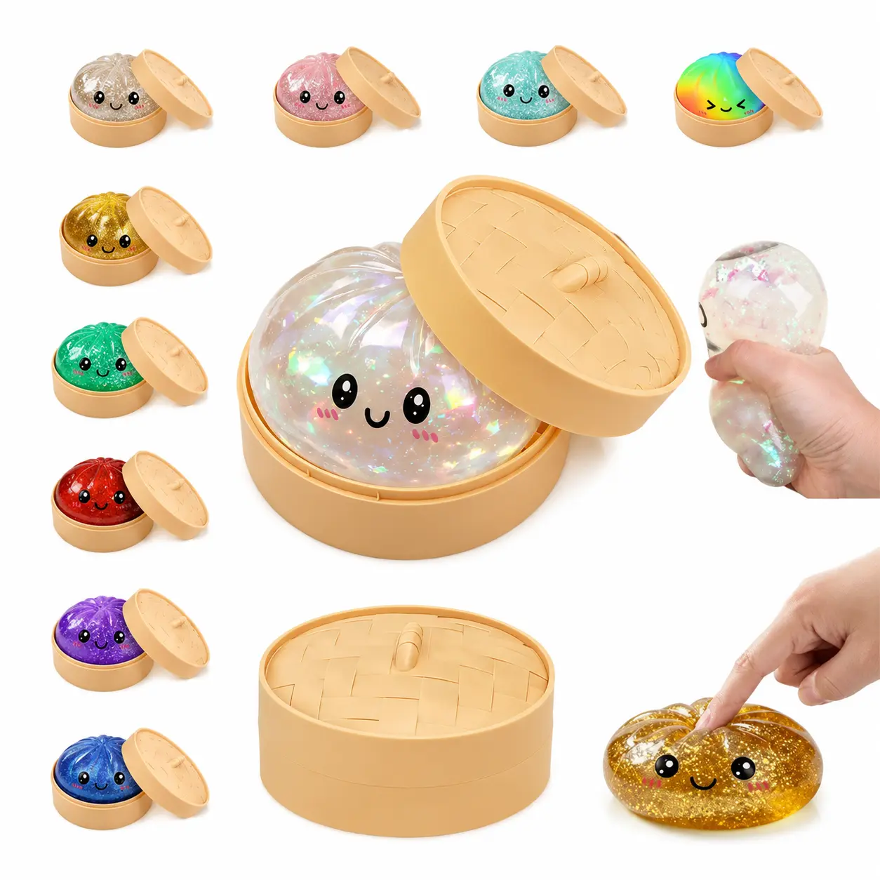 Kawaii Dumpling Squishy Toy with Steamer Box, Flashing Light-Up Rice Dumpling Fidget Toy, Soft TPR Stress Relief Sensory Squeeze Toy, Cute Gift for Kids Teens & Adults