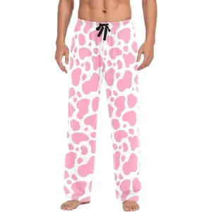 Men's Pink Cow Print Pajama Pants Cotton Soft Comfy Straight-Fit Lightweight Pj Bottoms