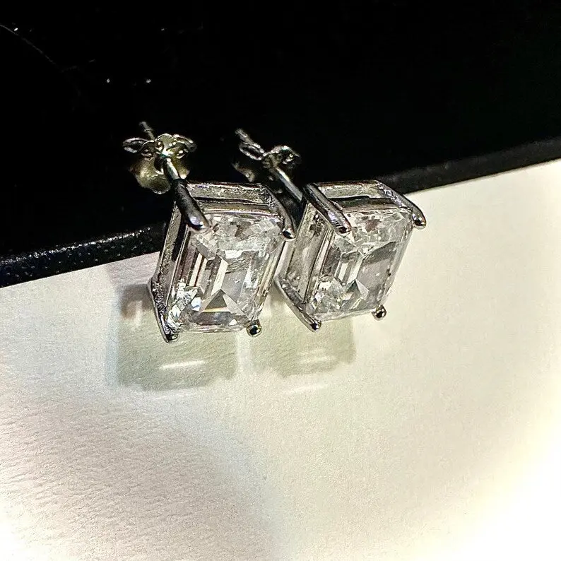Emerald Cut Clear CZ 925 Sterling Silver Stud Earrings