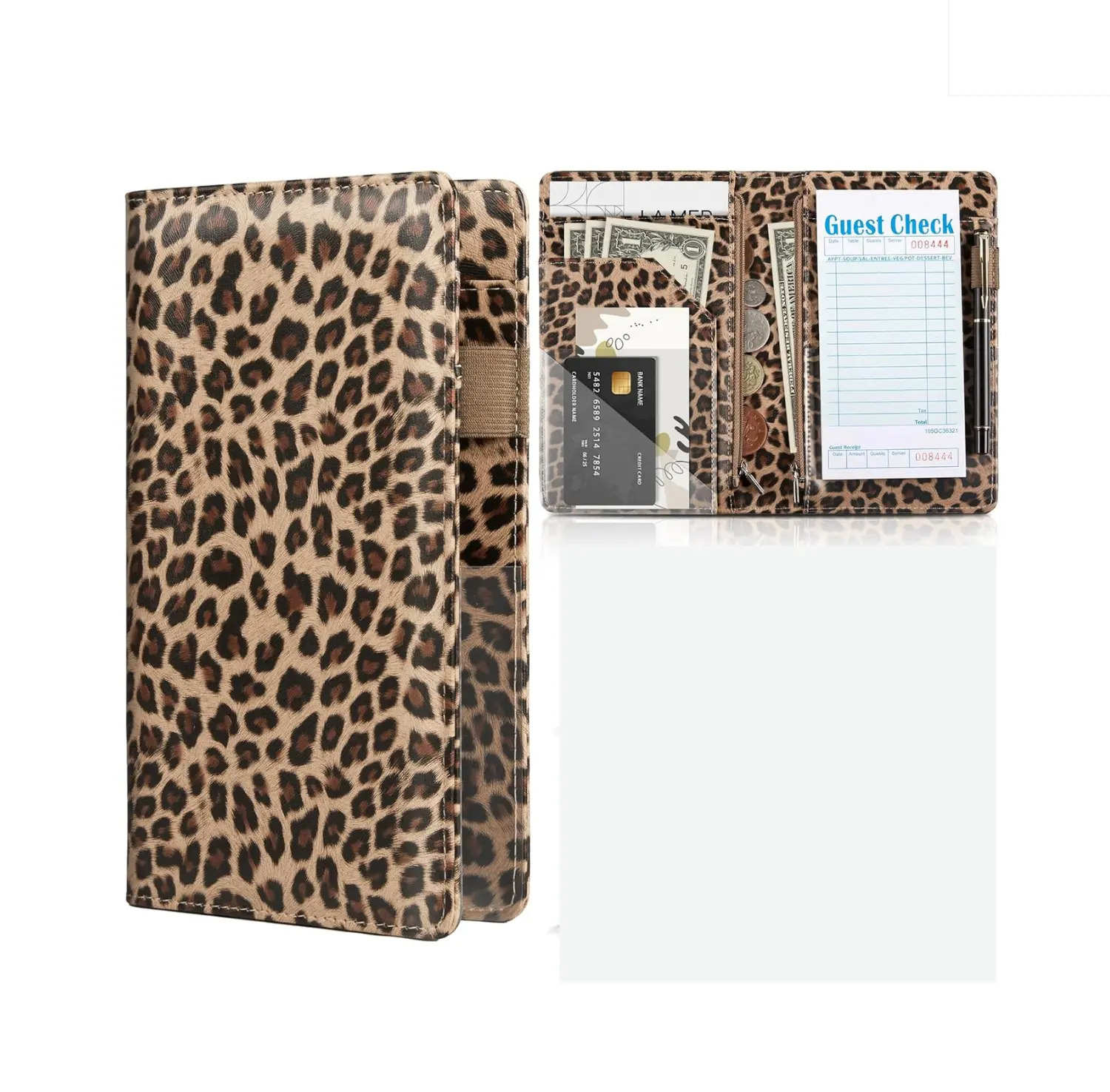Leopard Print Server Book with Dual Zipper Pockets for Waitstaff