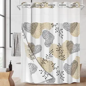 1pc hookless shower curtain with buckle lining, brown and white heart and leaf pattern design, 2D flat printing, fabric waterproof lining, see-through double-layer shower curtain, 71 x 74 inches, modern home draping curtain.