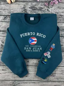 Puerto Rico Embroidery Sweatshirt, Boricua, Taino, Cotton, Black, Crewneck, Flag, Sapo Concho embroidery sweatshirt