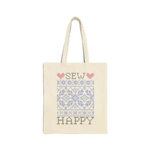 Sew Happy Cross-Stitch Tote Bag | Crafting Tote for Sewing Lovers | Canvas Bag with Stitch Design