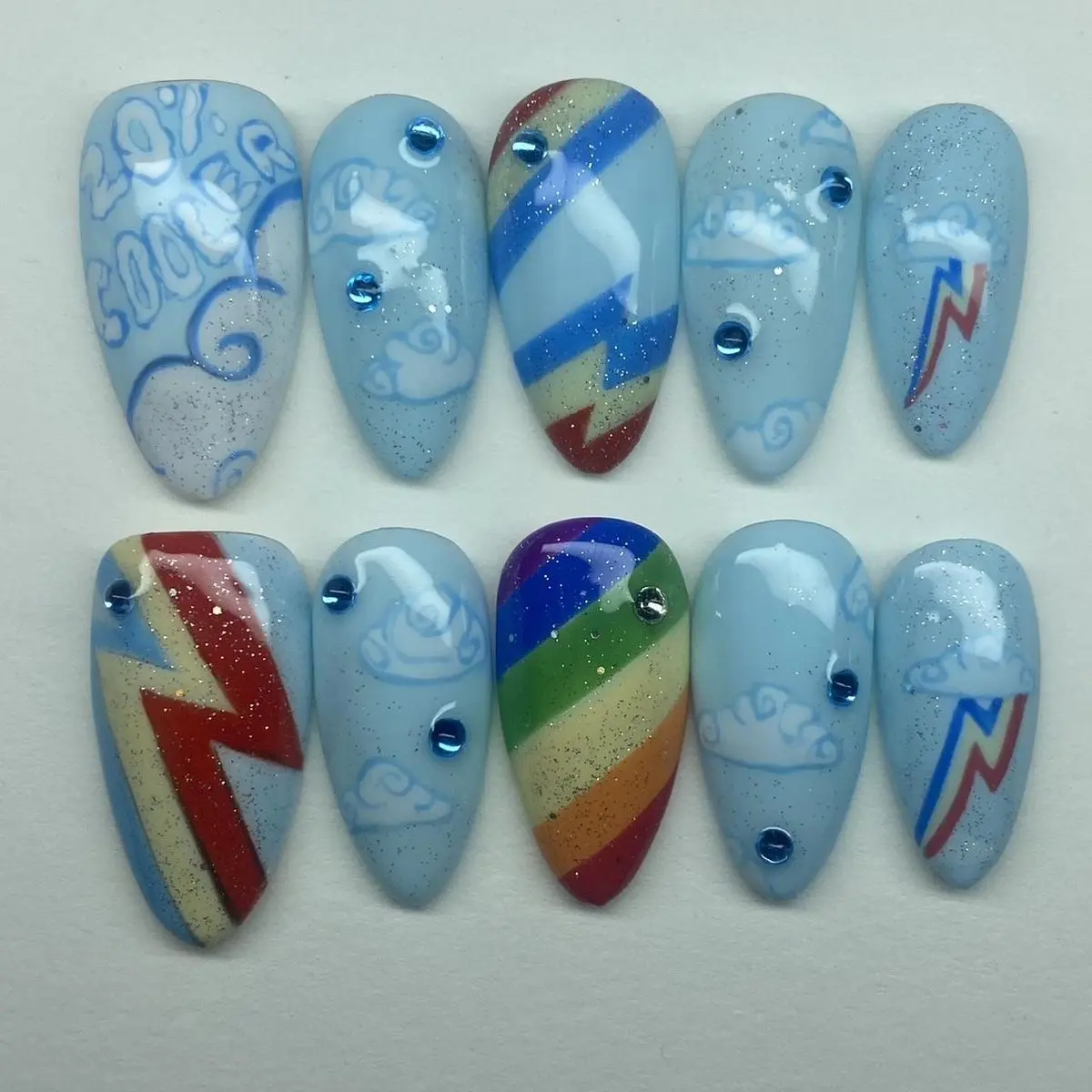 Handmade Rainbow Dash Inspired Press On Nails | My Little Inspired Blue Cloud, Rainbow & Lightning 3D Gel Nails Pony | Reusable Almond Stiletto Fake Nails with Gift Set (Adhesive Tabs, Nail File, Cuticle Stick) | Reusable Fake Nails