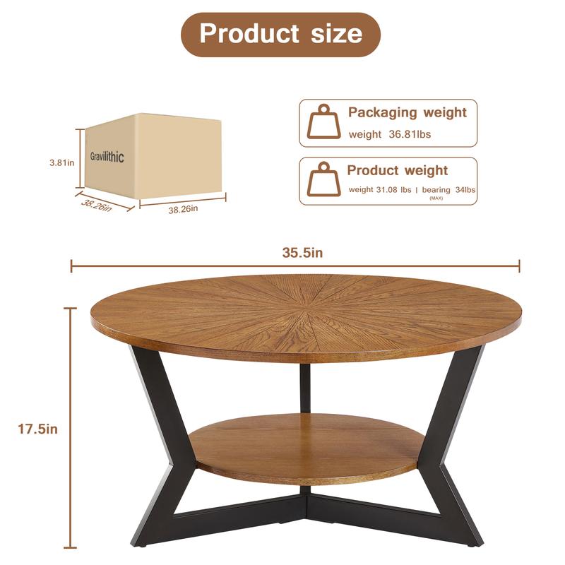 Niccae Modern Coffee Table - Y-Shaped Metal Legs, Wave Texture Wood Top, Organizing Round Table for Small Spaces, Entryway & Bedroom Decor