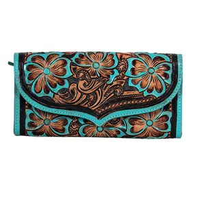 Myra Flower Crest Tooled Leather Wallet â€“ Floral Embossed with Turquoise Accents