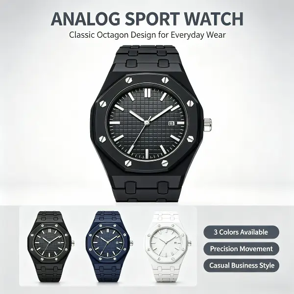 Octagonal Analog Sport Watch for Men, Minimal Grid Dial Calendar Wrist Watch, Fashion Waterproof Casual Daily Quartz Watch