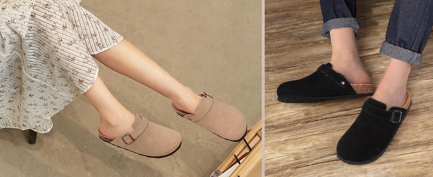KIDMI Women's Suede Clogs with Back Strap Men's Leather Mules Cork Footbed Slip on Potato Shoes