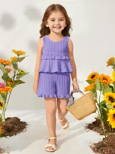 Toddler Girls Casual Two-Piece Set, Sleeveless Ruffle Tank Top with Stripes and Shorts, Fashionable Summer for Ages 1-6, Perfect Valentines Gift