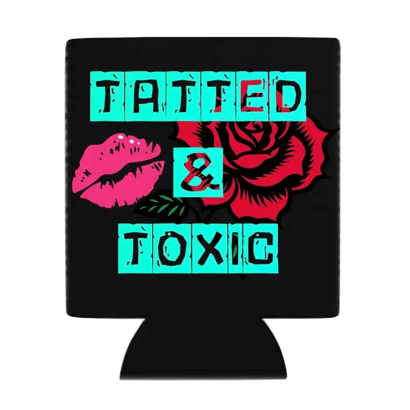 Tatted and toxic black Custom Neoprene Koozies Can Coolers for 12oz 16oz 20oz 24oz and More Premium DTF Print Heat Pressed One Sided Funny Unhinged Designs Great for Men Women Gift