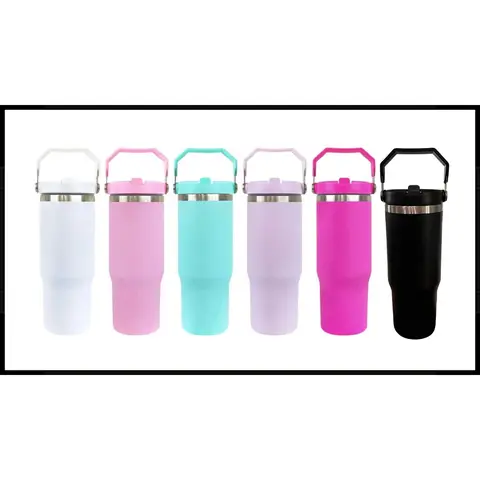 Sublimation 30-ounce Flip Straw Tumbler with Carry Handle Stainless Steel Drinkware Flasks Matte Finish Portable Water Bottles