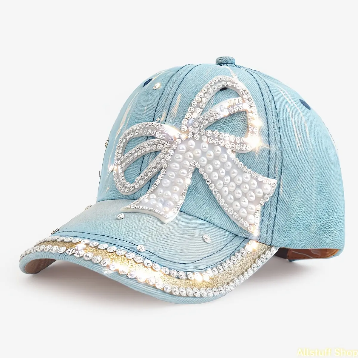 1pc Adult Women's Glam Faux Rhinestone & Bow Embellished Baseball Cap, Vintage Distressed Versatile Outdoor Sun Hat, Ideal for Spring & Summer Daily Outings & Styling, Great Gift Choice,summerwins,father'sdaygifts,campingessentials,campinggear