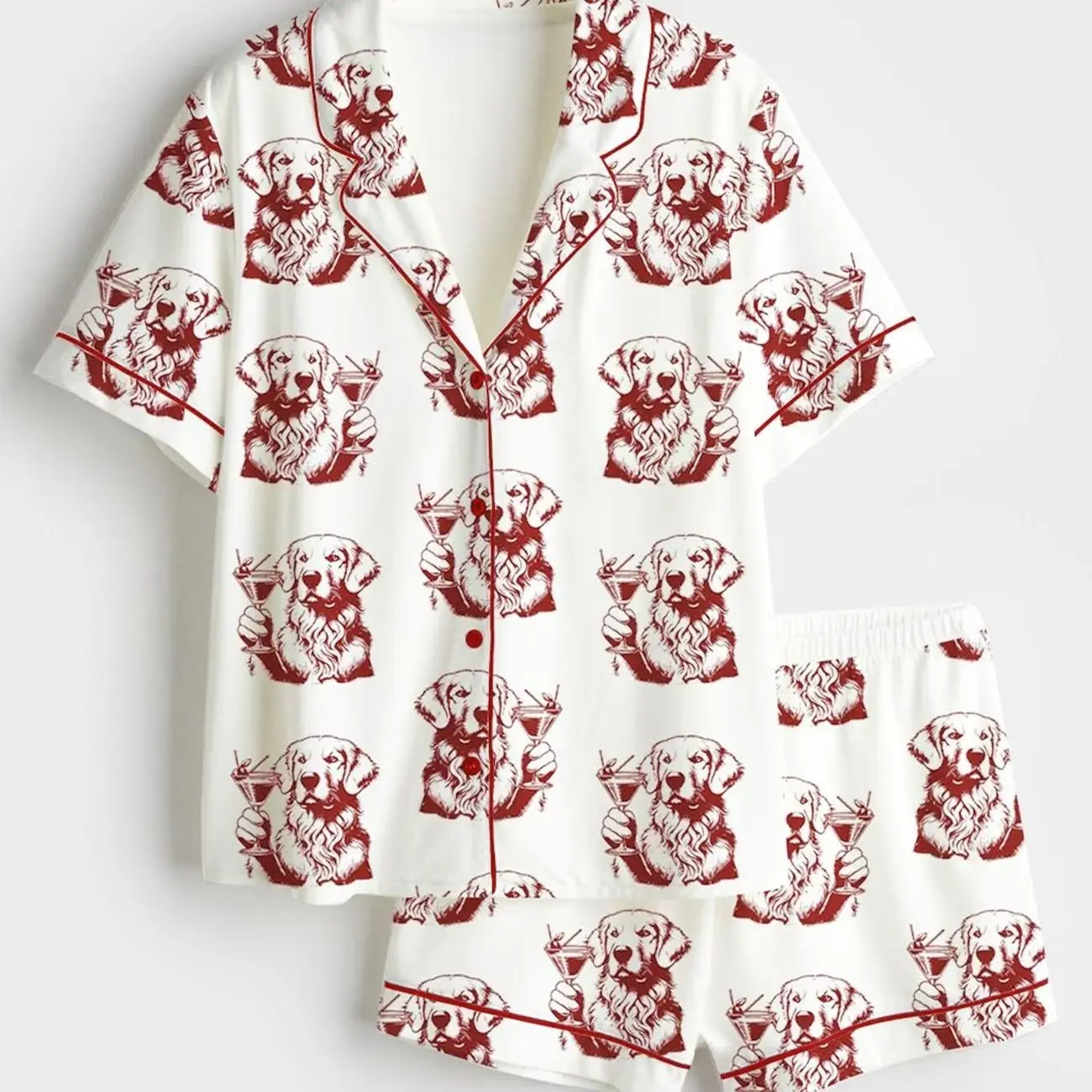Women's Golden Retriever Espresso Martini Short Sleeve Satin Pajama Set, Golden Dog Pajama Set, Pajama Sleepwear, Nighwear Set for Her