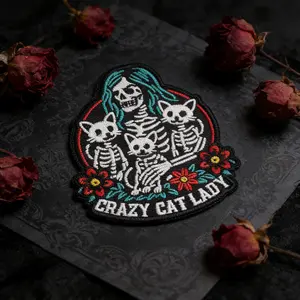 Gothic Style Embroidered Patch, Back Adhesive Iron-On Applique, Perfect for Clothes Jackets Hats Accessories, Crazy Cat Lady Design