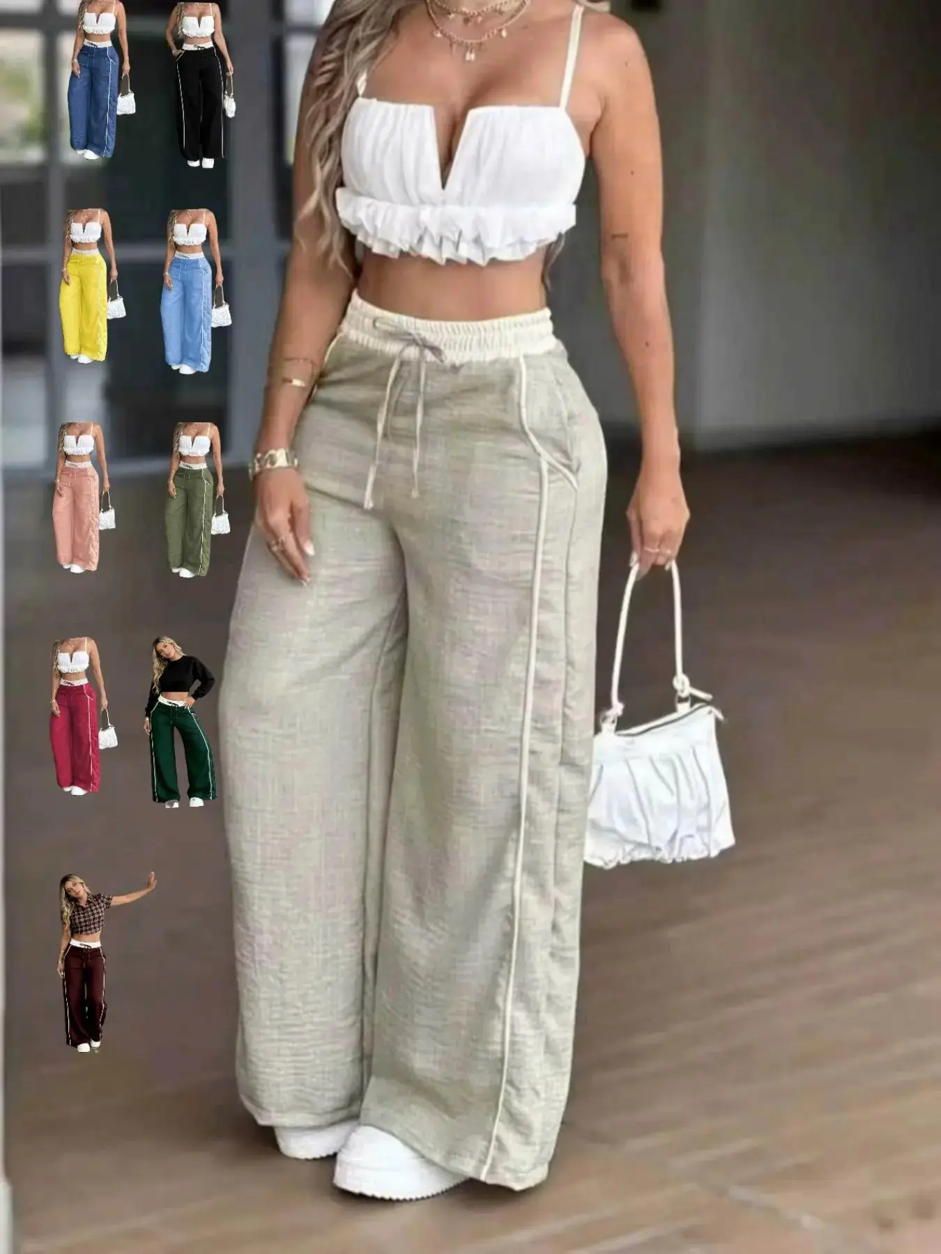 Women's High Waist Elastic Adjustable Drawstring Wide Leg Pants, Side Stripe Y2K Style, Spring Summer New Basic Casual Loose Fit Trousers, Bottoms statement piece viral style laid back