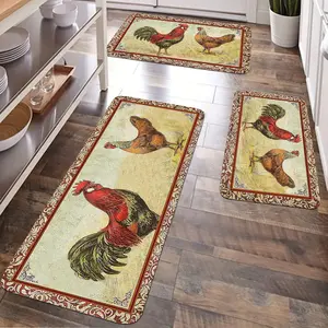 JIT 1/2/3 pcs of fringed fabric retro chicken pattern multi-scenario carpet. Carpet decoration gift. Kitchen carpet set. Fringed bedside set floor mat. Anti-slip washable soft carpet suitable for kitchen, laundry room, corridor floor. Running pad carpet.