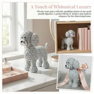 Silver Pearl Poodle Resin Statue, Sparkling Beaded Dog Decor, Luxury Pet Figurine, Modern Home Accent, Tabletop Shelf Ornament
