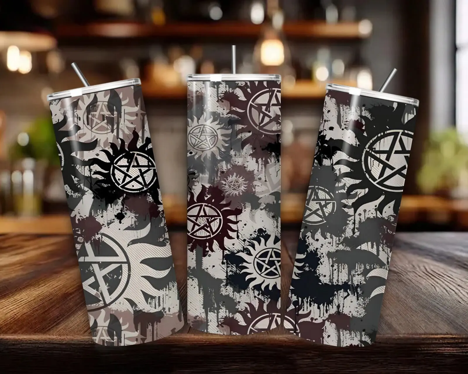 20 oz Supernatural Stainless Steel Tumbler with Lid, Straw - Star