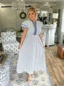 Ocean Pinstripe Contrast Trim Midi Dress