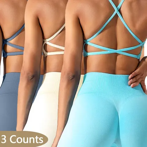 Women's Solid Criss Cross Backless Sports Bra, Strappy Workout Bra, Breathable Comfortable Stretch Wireless Sports Bra, Ladies Sportswear for Yoga Gym Workout Running Cycling, Strappy Sports Bras, Yoga Wear Fitness