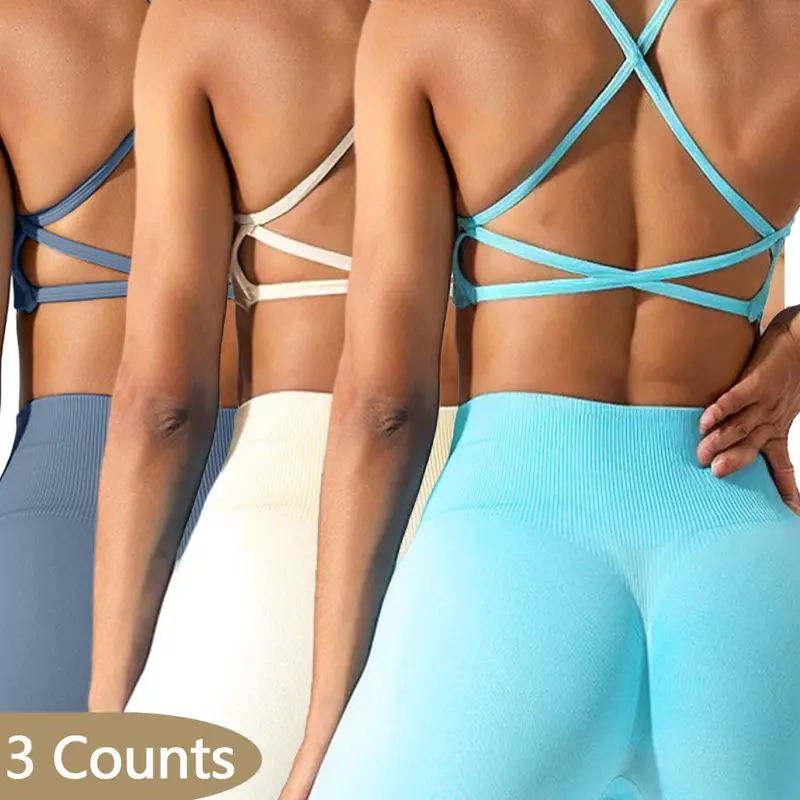 Women's Solid Criss Cross Backless Sports Bra, Strappy Workout Bra, Breathable Comfortable Stretch Wireless Sports Bra, Ladies Sportswear for Yoga Gym Workout Running Cycling, Strappy Sports Bras, Yoga Wear Fitness