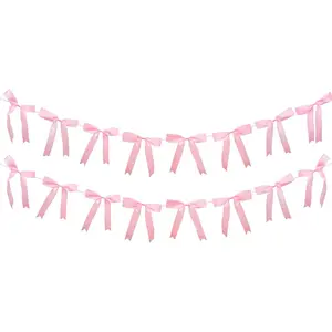 2pcs Pink Bow Garland Banner, Satin Ribbon Decorations for Coquette Theme Birthday and Bridal Shower Party Decor