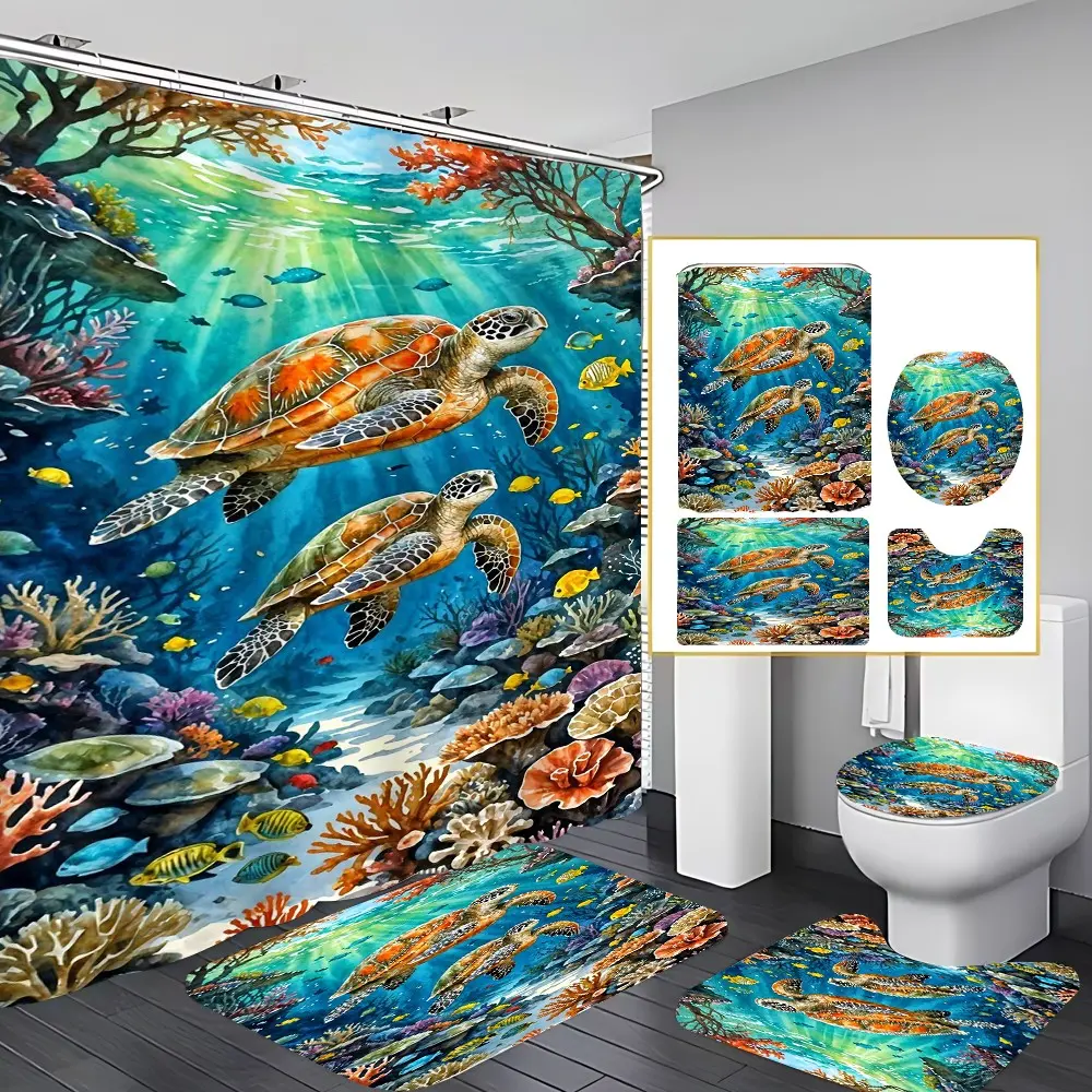 4 Pcs Watercolor Sea Turtle Bathroom Curtain Sets with 12 Hooks,Tropical Coral Reef Turtle Large Waterproof Thickened Mildew Proof Bathroom Partition Curtain,Bathroom Shower Curtain,Toilet Lid Cover,Non-Slip Bathroom Rugs and U Shape Bath Mat,Modern Decor