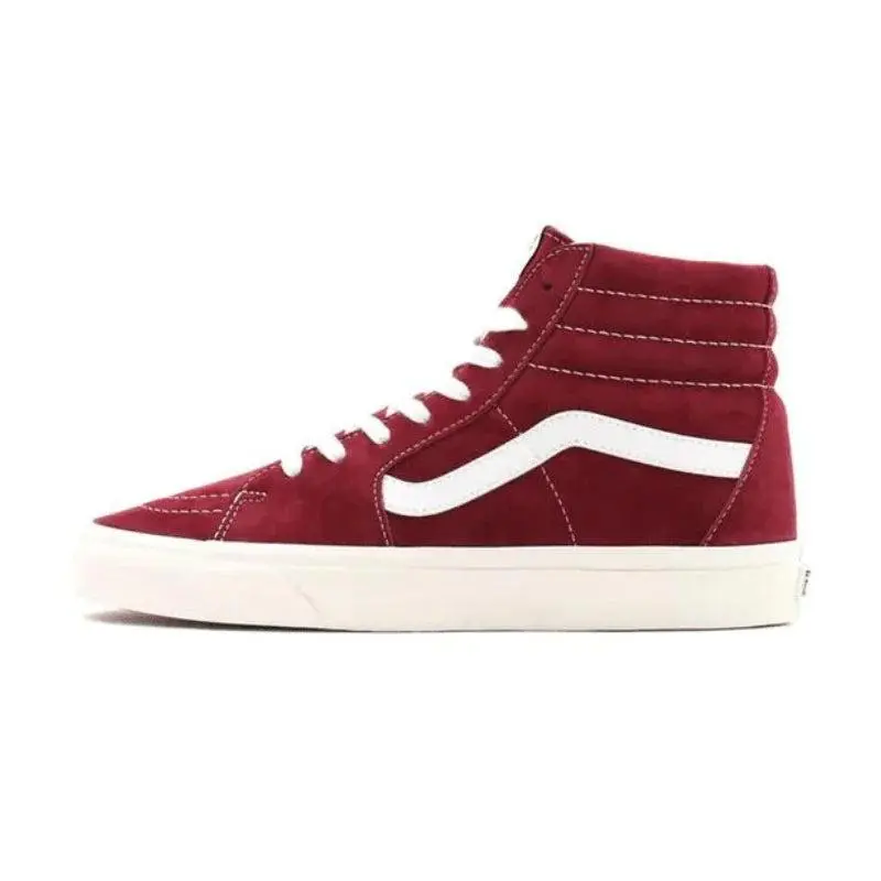 VANS Men's Sk8-Hi Pig Suede High-Top Striped Sneaker - Pomegranate Burgundy Casual All-Season Lace-Up Footwear with Padded Collar, Rubber Sole, Reinforced Toe Caps, Signature Waffle Outsoles, Trainer