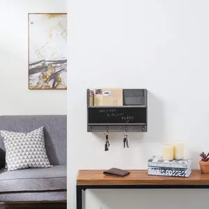 Vintage Gray Wood Wall Mounted Mail Holder with Chalkboard & Key Hooks