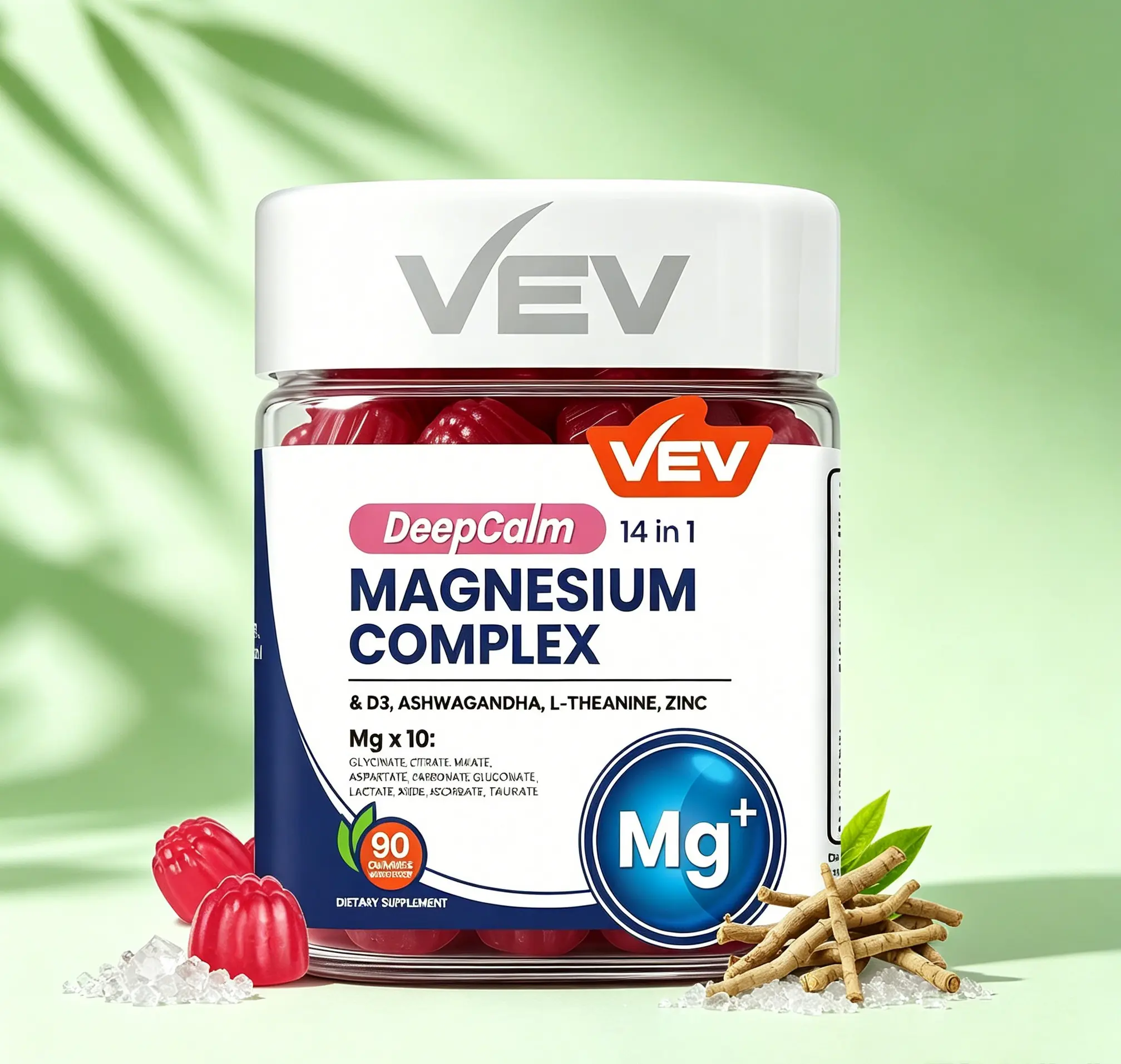 VEV DeepCalm 14-in-1 Magnesium Glycinate Complex Gummies - Healthcare Dietary Supplement, 90 Count, Sugar-Free Vegan High-Absorption, Stress & Sleep Support with Ashwagandha, L-Theanine, D3, Zinc, Cortisol Regulation