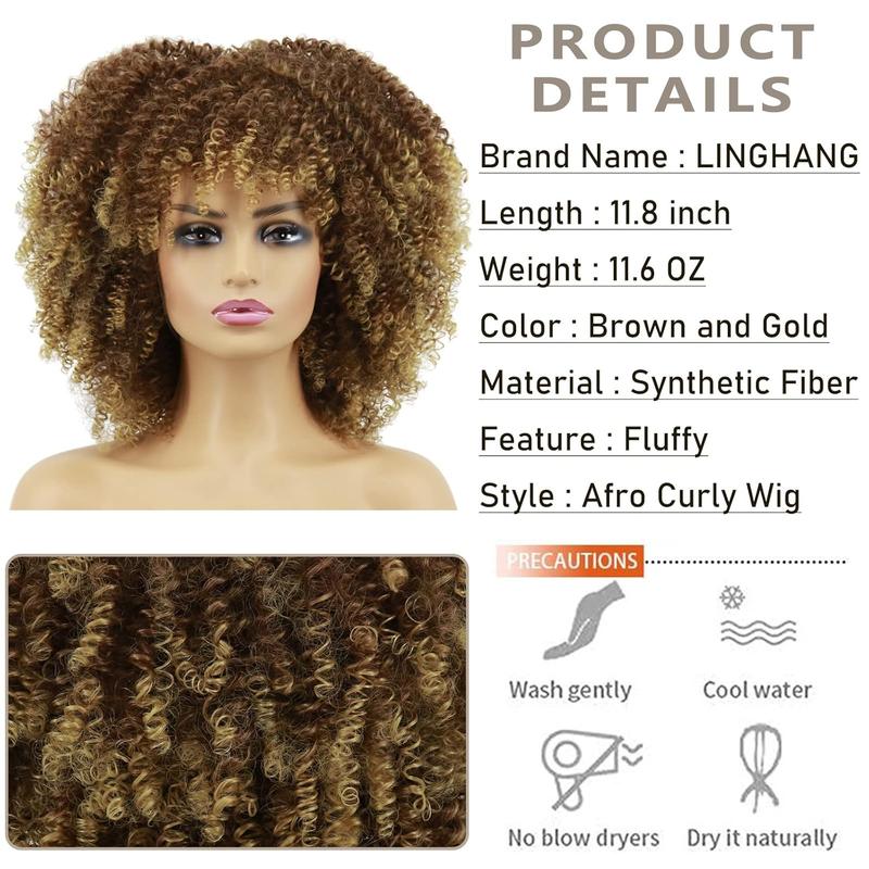 Xinran Blonde Curly Afro Wigs for Black Women, Blonde Kinky Curly Wig With Bangs, Synthetic Heat Resistant Fiber Afro Blonde Curly Wig for Daily Use