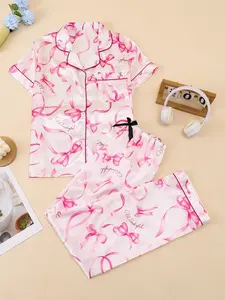 Valentine's Day Bow Knot Letter Print Short Sleeve Pajama Set, Soft Satin Sleepwear with Button-Up Top and Loose-Fitting Pants, All Seasons Casual Homewear